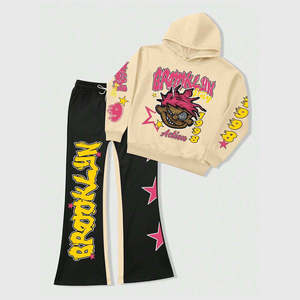 Ensemble de survêtement tendance personnalisé avec appliques patchwork unisexe décontracté 100% molleton lourd à capuche et pantalon de survêtement - Product Image 2