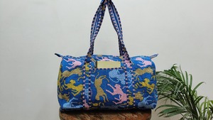 Bolsa de lona táctica deportiva informal de algodón acolchado con estampado de bloques hecha a mano, bolsa de gimnasio de viaje de gran capacidad ecológica azul profundo - Product Image 5