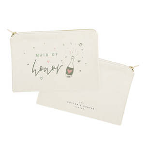Lovely Portable Cosmetic Bag Cotton Canvas with Champagne <b>Bottle</b> and Maid of Honor Pattern for Cosmetics Storage - Product Image 2