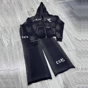 Conjunto de Sudadera con Capucha y Pantalones Deportivos Anchos de Estilo Vintage con Pedrería de Color Lavado Ácido, Traje Deportivo Holgado Personalizado, Ropa Deportiva Urbana - Product Image 1