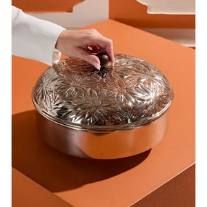 Handmade Modern Eco-Friendly Metal <b>Chocolate</b> Bowl Hammered Flower Design with Polished Finish and Lid for <b>Weddings</b> and Events - Product Image 1