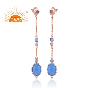 Best Quality Sterling Silver Rose Gold Plated Natural Blue Chalcedony Gemstone <b>Dangle</b> <b>Earring</b> Demi <b>Fine</b> Jewelry Manufacturer - Product Image 2