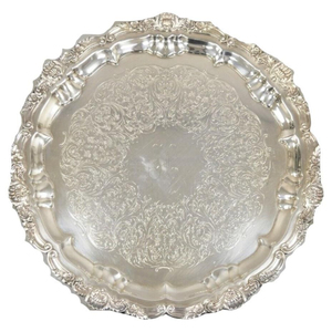 Modern Style Silverplate Serving <b>Tray</b> <b>Large</b> Round Premium Quality Metal <b>Tray</b> With Ornate Etched Floral Design Decorative <b>Tray</b> - Product Image 1