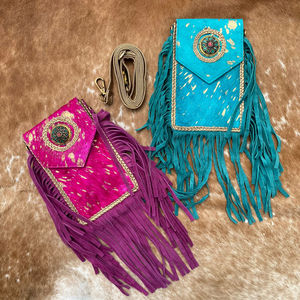 Cheveux faits à la main sur peau de vache métallique Turquoise frange femmes bandoulière Mobile sac Western en cuir véritable Concho téléphone portable sac à main - Product Image 4