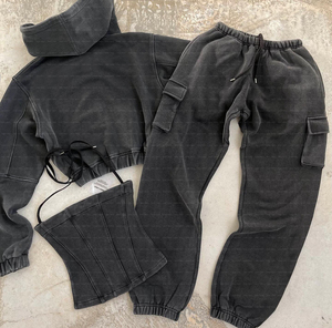 Conjunto de 3 piezas de Pantalón cargo personalizado de algodón de felpa francesa con cremallera lavado ácido en blanco Sudadera con capucha desgastada chándal apilados para mujer - Product Image 4