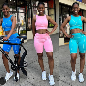 Conjunto de entrenamiento sin costuras de dos piezas para mujer, Top corto sin mangas de cintura alta y pantalones cortos de motorista, ropa deportiva para gimnasio, Yoga y Fitness - Product Image 3