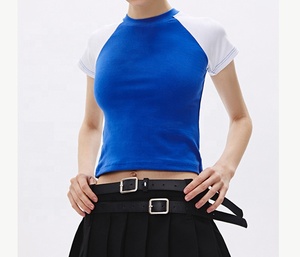 Women's Blue White Color Block American Raglan Sleeve Crop Top Crew Neck Slim Fit Sporty Short Sleeve Knitted T-<b>Shirt</b> Summer - Product Image 3