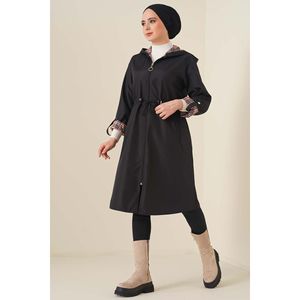 Gabardina con capucha y cordón de cintura larga para mujer, cierre de cremallera de cuero negro, relleno de algodón impermeable para uso en primavera y otoño - Product Image 4