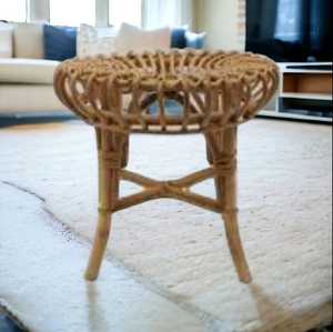 Lovely Mid-Century Modern Wicker Stool Curved Bamboo Three Straight Legs Gorgeous Round <b>Seat</b> Decorated Stool Bone Inlay Console - Product Image 1