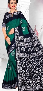 Pure Cotton Hand Blocked Batik <b>Saree</b> with Floral and Geometrical Style in Light Medium and Dark Colors for Women - Product Image 3