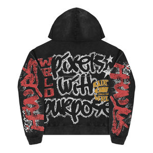 เสื้อฮู้ดดี้โลโก้แบบกำหนดเอง ปักลายแบบดิสเทรส พิมพ์ลายด้วยเทคนิค DTG และสกรีน ล้างสีแบบแอซิดวอช และทำสีซีดแบบซันเฟด ชุดแทรคสูทสำหรับผู้ชาย - Product Image 4