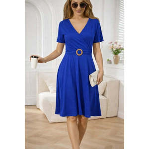 Women's Short-Sleeved Wrap-Neck Short <b>Viscose</b> <b>Dress</b> with Front Buckle Detail, 33125 - Saks Blue - Product Image 3