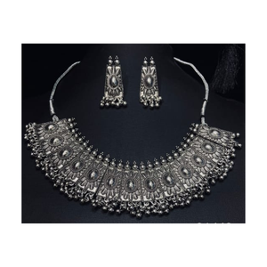 Conjunto de collar de Gargantilla con tachuelas de diseño de pavo real vintage ligero de piedra oxidada plateada, pendientes para mujer y niña, ropa de boda - Product Image 2