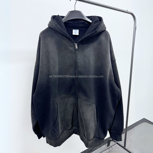 Heavyweight Custom <b>Oversized</b> Zip up <b>Fleece</b> Blank Plain Streetwear Vintage Acid Wash Pullover Distressed Pocket <b>Hoodies</b> for <b>Men</b> - Product Image 3