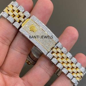 Montre de luxe bicolore en acier inoxydable sertie de moissanite avec cadran bleu, bijoux hip-hop, bracelet 20 mm, brillance VVS antique - Product Image 3