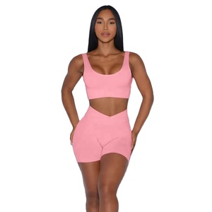 Private Label Solid Simple Yoga Set Fitness Wear <b>Women</b> High Waist Breathable Sport Bra and <b>Leggings</b> Set - Product Image 1