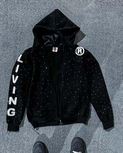 Survêtements pour hommes, coupe ample, style streetwear, avec strass, en polaire, à capuche, entièrement brodés, respirants, streetwear OEM - Product Image 4