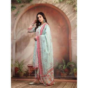 ชุดคุรตะผ้าฝ้ายพิมพ์ลายสีเขียวสำหรับผู้หญิง พร้อมผ้าคลุมไหล่ ผ้าเน็ตสไตล์ปากีสถาน-อินเดีย สำหรับงานพิธีกรรมและงานปาร์ตี้ - Product Image 2