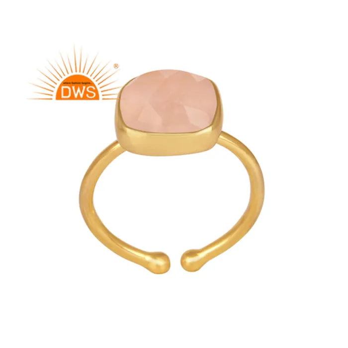 Hot selling sterling silver 18k gold plated natural Rose Quartz gemstone adjustable ring demi fine jewelry manufacturer