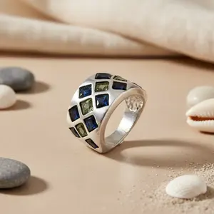 925 <b>Silver</b> <b>Statement</b> <b>Ring</b> for Women with Blue & Green Gemstones Resizable Ethnic Wedding Jewelry Plated Brass Setting Technology - Product Image 3