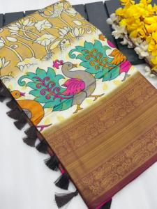 Zari Gold Weaving Kanchi Pattu Saree con rico yo y contraste KALMKARI Mottif tejido Se empareja con una blusa contrastante - Product Image 4