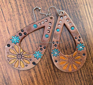 Hand <b>Tooled</b> <b>Leather</b> Teardrop Earrings Hand Painted <b>Leather</b> Turquoise Earrings Western Women Handmade Brown Real <b>Leather</b> Jewelry - Product Image 2