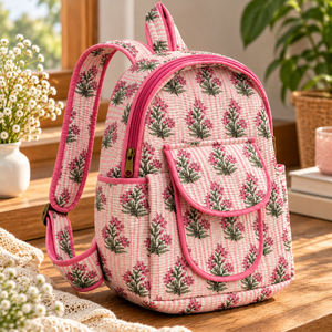 Floral Pink Quilted Cotton Student <b>Backpack</b> With Zipper Closure Front Pockets Adjustable Shoulder Straps For School And <b>College</b> - Product Image 2