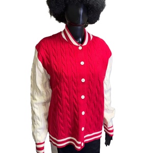 Cardigan rouge et crème de la sororité Delta Sigma Theta, brodé sur mesure, tricoté à la française avec des rayures crème, vêtement pull cardigan. - Product Image 1