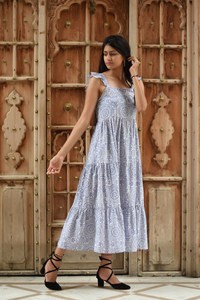 Summer Maxi Cotton Floral White Pink Formal A-Line Vintage <b>Dress</b> | Handmade in India | Square Collar Smocking - Product Image 5