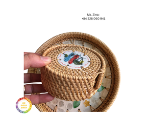 Handmade Round Eco-Friendly Table Decoration Natural Rattan <b>Coasters</b> <b>Set</b> <b>with</b> <b>Holder</b> for Home Kitchen Cafe Use - Product Image 5
