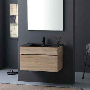Meuble de salle de bain en chêne naturel de 80 cm avec lavabo noir et miroir Shanghai, ensemble de salle de bain - Product Image 2