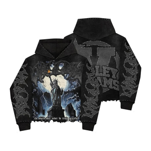 Custom Streetwear Distressed Graphic Acid Wash Boxy Cotton Zip up 420 Gsm Rhinestone <b>Hoodie</b> Manufacturers - Product Image 2