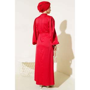 Thin <b>Belted</b> <b>Elastic</b> Sleeve Satin <b>Dress</b> Red - Product Image 4