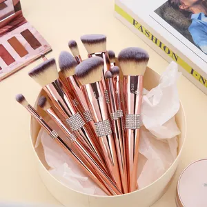 14 Pcs Luxury Glitter Rose Gold Diamond Handle Make Up Brush Set Synthetic Hair Custom Makeup Brushes