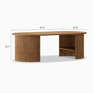 Nordic <b>Solid</b> <b>Wood</b> <b>Table</b> with Elegant Oval Design, Vertical Textured Cylinder Legs and Multifunctional Open Storage. - Product Image 5