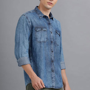 Servicio OEM/ODM Camisa Henley de manga corta Ropa informal High Street 230GSM Transpirable Hip Hop Hombres Camisa de mezclilla con estampado - Product Image 3