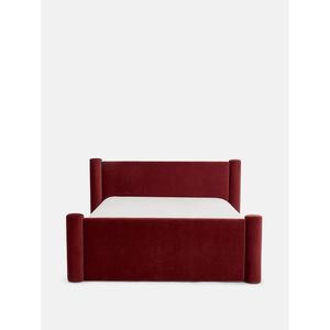 Cama Tapizada de Madera Maciza de Estilo Moderno de Mediados de Siglo con Acabado en Caoba y Terciopelo Marrón Personalizable - Product Image 1