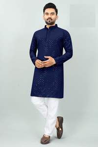 Ropa de Festival tradicional para hombres Rayon Chikan Work Kurta con conjunto de pijama de algodón por exportación en India - Product Image 5