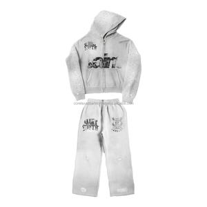 2025 Casual Terry Embroidered Distressed Applique Logo Streetwear Vintage <b>Oversized</b> <b>Jogger</b> Set Raw Hem Acid Wash Tracksuit Men - Product Image 2