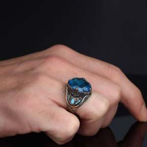 Anillo de Hombre de Plata de Ley 925 de Alta Calidad Estilo Otomano Azuris, Joyería de Moda con Piedra de Ágata Natural Yamen, Hecho en Turquía - Product Image 3