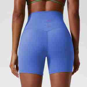 High Waist Blue Biker <b>Shorts</b> Solid Color Knitted Spandex Polyester Sporty Fit Breathable Elastic Waist <b>Women's</b> Athletic <b>Shorts</b> - Product Image 3