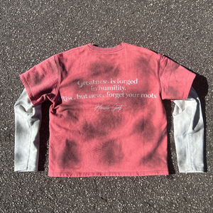 เสื้อยืดแขนยาวสองชั้นแบบสั่งทำพิเศษ ล้างสีแบบแอซิดวอช แต่งลายขาดๆ ประดับเพชรและตัวอักษรผ้าทอ จากโรงงานผู้ผลิตโดยตรง - Product Image 4