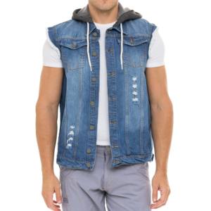 Vente en gros 100% vestes en jean pour hommes tendance gilet sans manches style pierres personnalisées col à capuche OEM mâle garçons jean gilet - Product Image 6