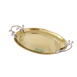 Elegante bandeja de servicio ovalada de oro martillado con asas de hojas, bandeja decorativa de Metal perfecta para decoración del hogar a la venta - Product Image 1