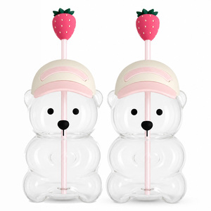 Copo de suco personalizado com logotipo, desenho animado fofo, garrafa de água com tampa rosa, portátil, reutilizável, com canudo de morango. - Product Image 1