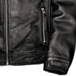 Men Genuine <b>Leather</b> Moto <b>Jacket</b> Stand Collar Zipper Closure Solid Color Regular Fit Autumn Wear - Product Image 5