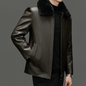 High Street Brand Leather Coat <b>Men's</b> Autumn Winter New Thickened Warm Detachable Fur Collar Business Casual Leather <b>Jacket</b> <b>Men</b> - Product Image 6