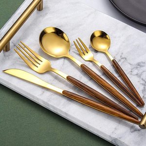Juegos de cubiertos chapados en oro de primera calidad, cubiertos de buena calidad, tallo de madera Natural, boda, comedor ocasional, uso doméstico, cocina amigable - Product Image 6