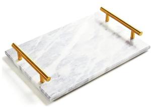 Plateau de service de table en marbre blanc de haute qualité avec poignée en métal Plateau en marbre fait main de nouveau design en gros pour la maison hôtel - Product Image 4