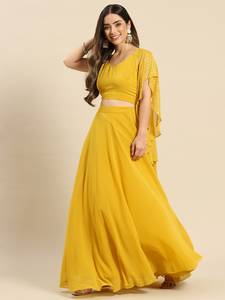 Trendmalls - Top Corto Amarillo con Escote en V y Bordado Semi-Cosido para Mujer, Lehenga Choli con Cintura Natural, Dupatta de Georgette - Product Image 3